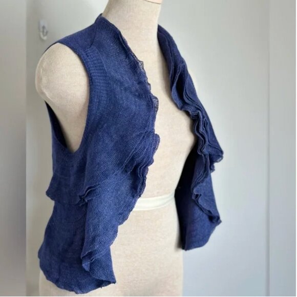 Theory Blue Isisa Ruffled Linen Blend Vest Cardigan Size Medium - Picture 5 of 11